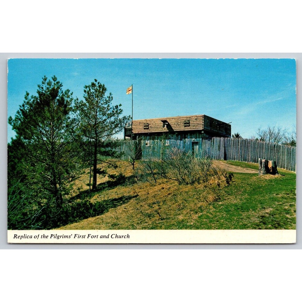 Postcard Massachusetts Plymouth Replica Pilgrims' First Fort and Church c1970s